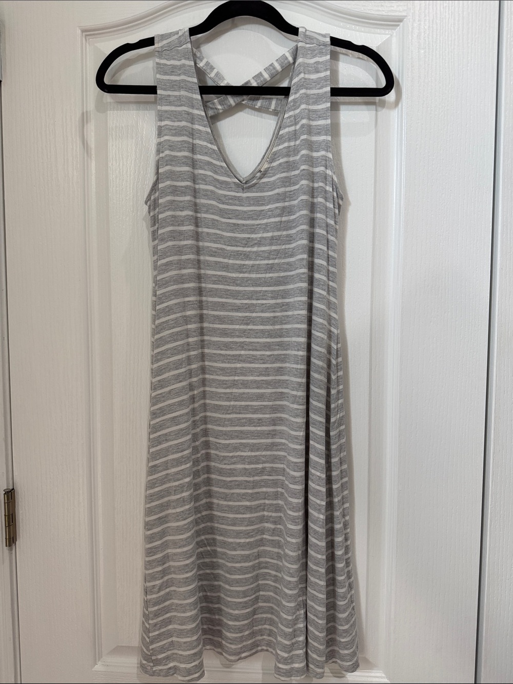 Style & co Sz S Gray & White Striped Sleeveless Swing Dress with Crisscross Back